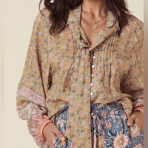 New Spell x Free People Mossy XL Brown Pink Buttonfront Tie-Neck Boho Blouse - Picture 13 of 15